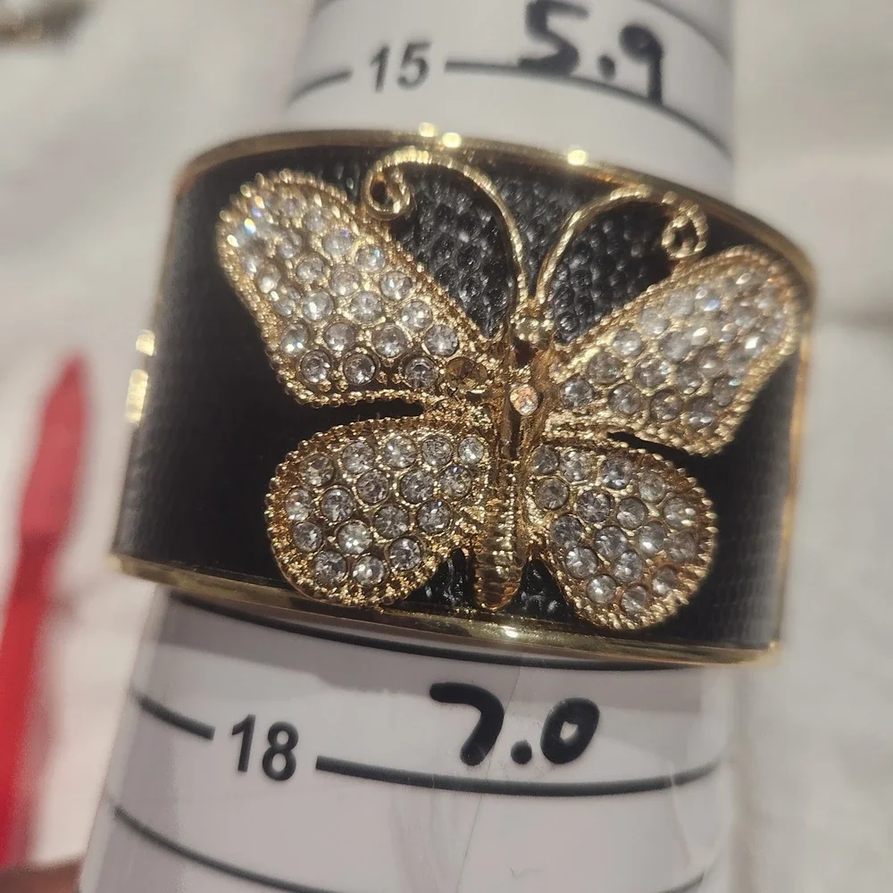 Gold Tone Rhinestone‎ Butterfly Black Faux Leather Inlay Hinge Cuff Bracelet